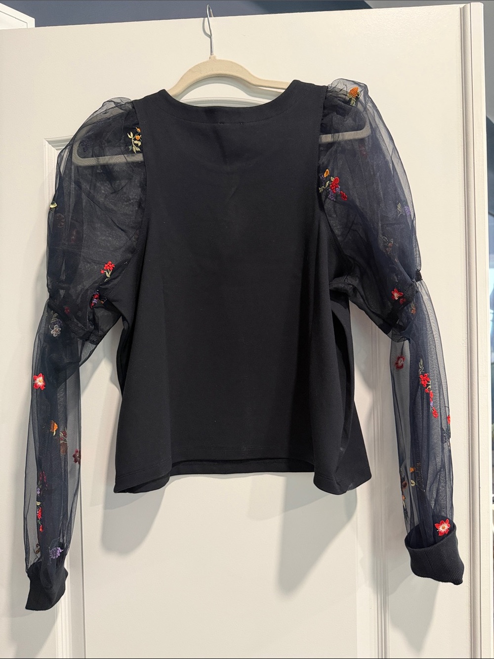 Maeve Black Puff-Sleeve Top with Embroidered Floral Sleeves - Picture 2 of 3